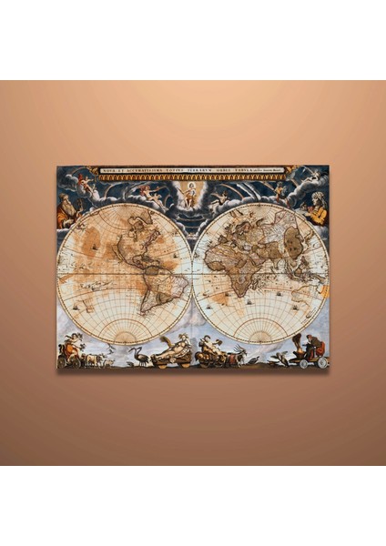 Tekli Yatay Kanvas Tablo Dünya Haritası ve Insanlar modelleri
