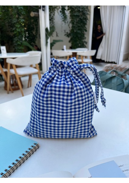 Saks Mavi Pötikareli Çevre Dostu Bez Keten Büzgülü Ipli Düzenleyici Kese,makyaj Çantası,seyahat Çantası