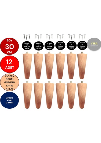 12'li 30 cm Ahşap Konik Ayak Koltuk Ayağı Baza Ayağı Mobilya Ayağı Dolap Ayağı 3301000000734