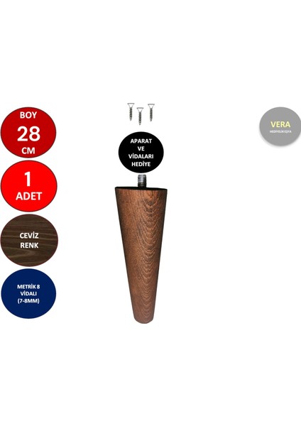 28 cm Ceviz Ahşap Konik Ayak Koltuk Ayağı Baza Ayağı Mobilya Ayağı Dolap Ayağı 3301000000740