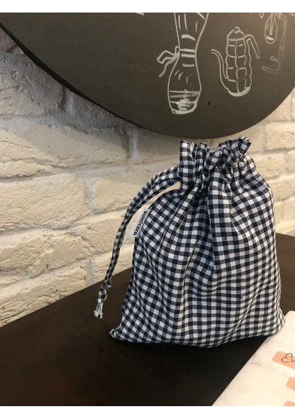 Lacivert Pötikareli Çevre Dostu Bez Keten Büzgülü İpli Düzenleyici Kese, Makyaj Çantası