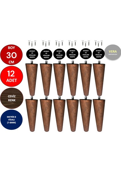 12'li 30 cm Ceviz Ahşap Konik Ayak Koltuk Ayağı Baza Ayağı Mobilya Ayağı Dolap Ayağı 3301000000762