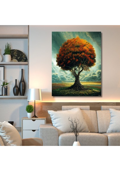 Tekli Dikey Kanvas Tablo Gün Batımında Hayat Ağacı