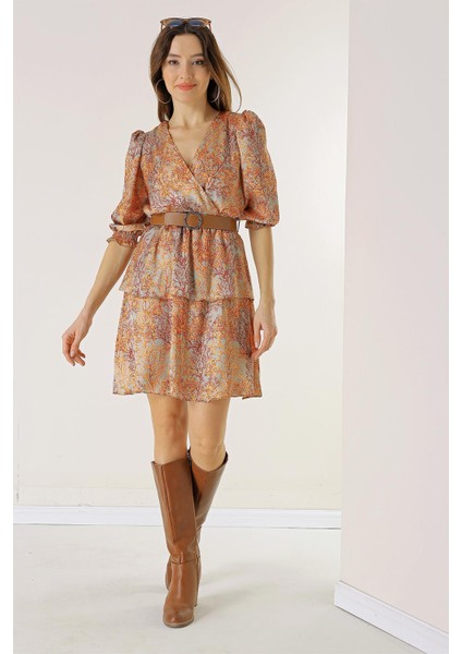 Kruvaze Yaka Astarlı Beli Kemerli Dal Desenli Katlı Saten Elbise