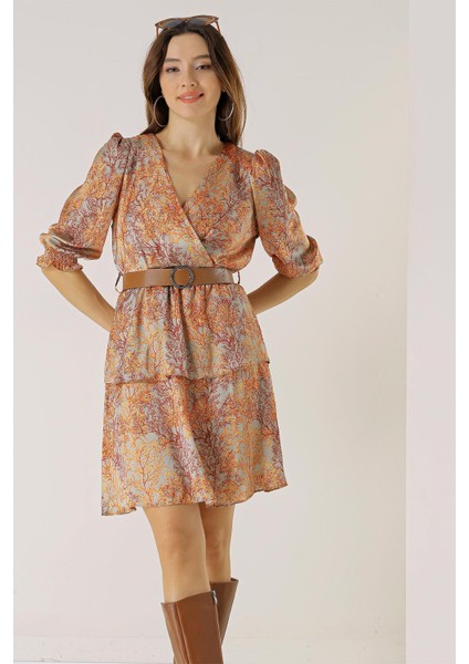 Kruvaze Yaka Astarlı Beli Kemerli Dal Desenli Katlı Saten Elbise modelleri