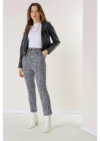 Beli Lastikli Kemerli Yandan Cepli Cam Kırığı Desen Dar Paça Pantolon