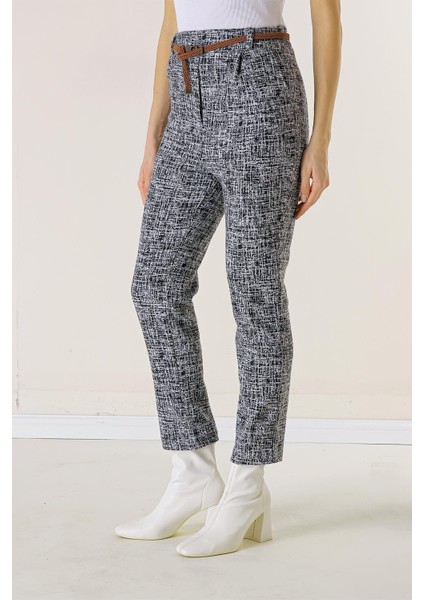 Beli Lastikli Kemerli Yandan Cepli Cam Kırığı Desen Dar Paça Pantolon modelleri