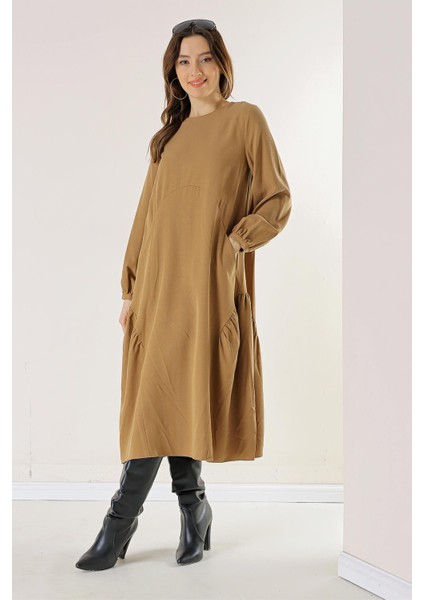 Kolu Düğmeli Cepli Fırfırlı Liyocel Elbise