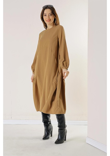 Kolu Düğmeli Cepli Fırfırlı Liyocel Elbise fiyatları