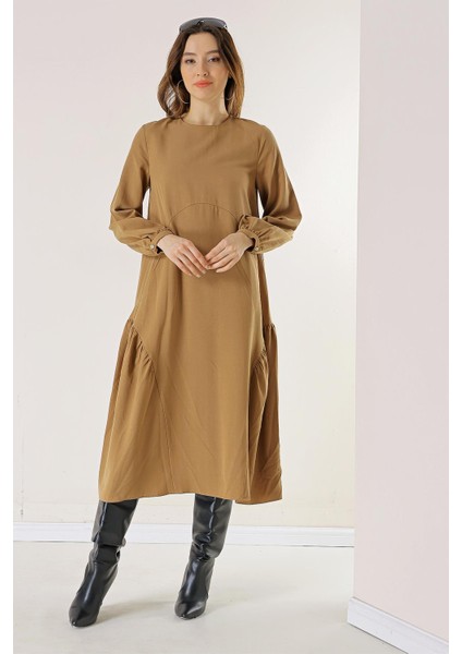 Kolu Düğmeli Cepli Fırfırlı Liyocel Elbise modelleri