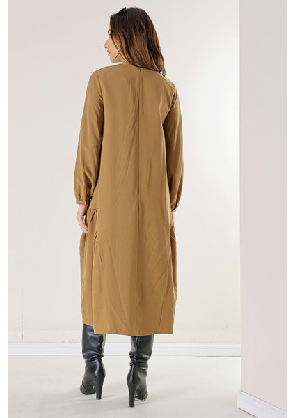 Kolu Düğmeli Cepli Fırfırlı Liyocel Elbise fırsatları