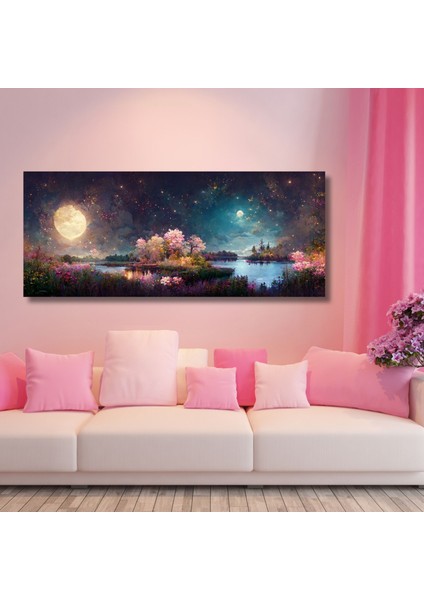 Panaromik Kanvas Tablo Dolunay Göl ve Işıltılı Orman