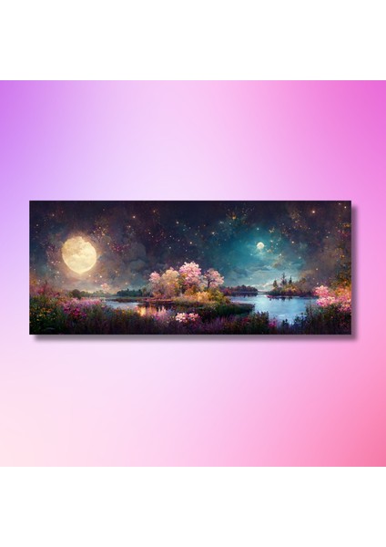 Panaromik Kanvas Tablo Dolunay Göl ve Işıltılı Orman modelleri