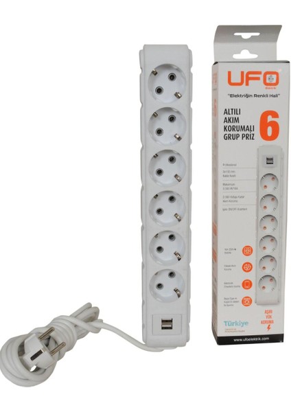 Ufo Yüksek Akım Koruyuculu 1,5 Metre 6'lı ve USB Li Grup Priz 3500W