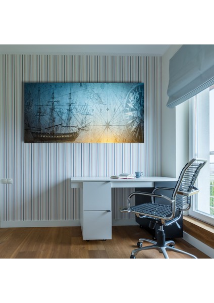 Panoramik Kanvas Tablo Gemi ve Piri Reis Haritası