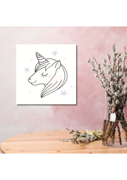 Tekli Kare Kanvas Kız Çocuk Odası Soft Pembe Unicorn Tablo