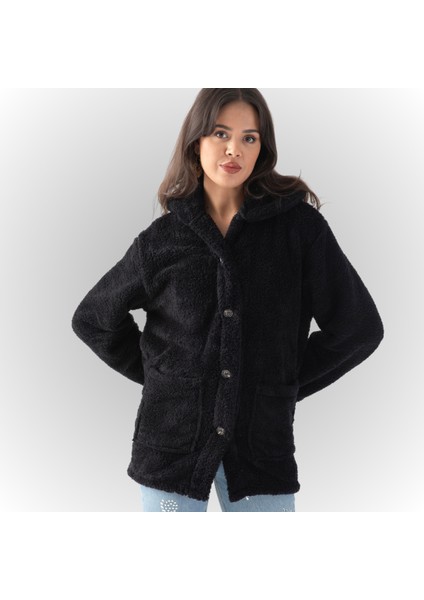 Kadın Dik Yaka Düğmeli Peluş Hırka