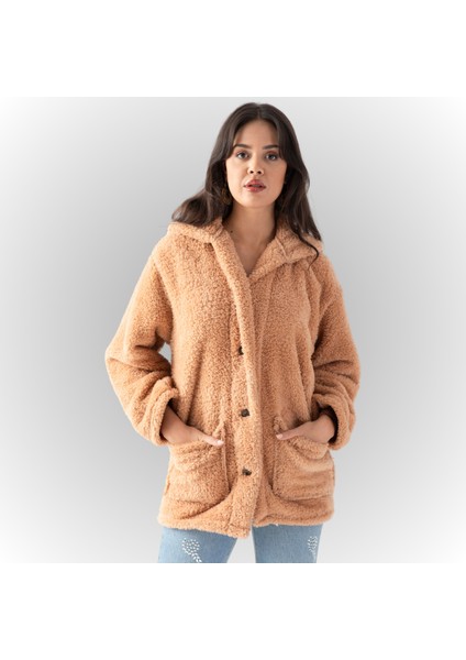 Kadın Dik Yaka Düğmeli Peluş Hırka