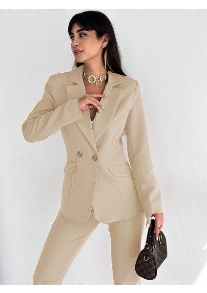 Krem Kruvaze Blazer Ceket Havuç Pantolon Takım Elbise modelleri
