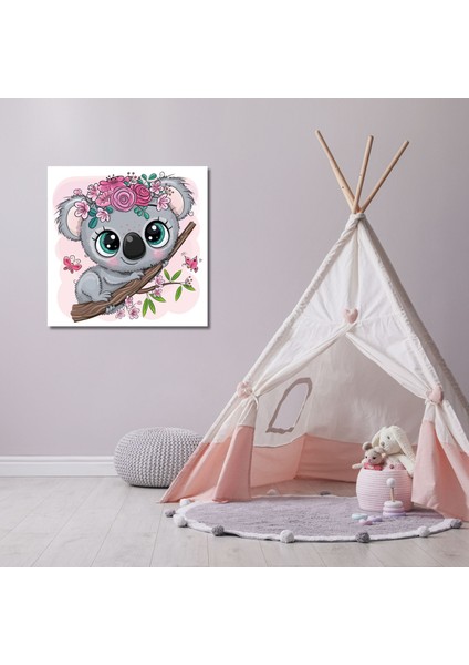 Tekli Kare Kanvas Kız Çocuk Odası Pembe Çiçekli Koala Tablosu