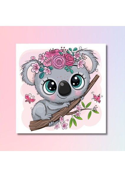 Tekli Kare Kanvas Kız Çocuk Odası Pembe Çiçekli Koala Tablosu modelleri