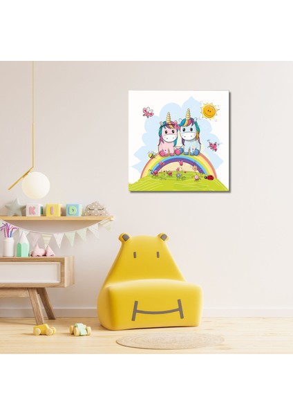Tekli Kare Kanvas Çocuk Odası Unicorn ve Kankası Tablosu