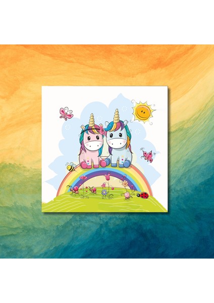 Tekli Kare Kanvas Çocuk Odası Unicorn ve Kankası Tablosu modelleri