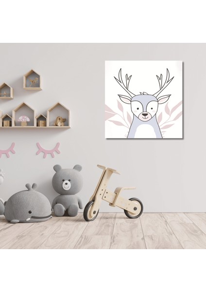 Tekli Kare Kanvas Kız Bebek Odası Soft Pembe Geyik Tablosu