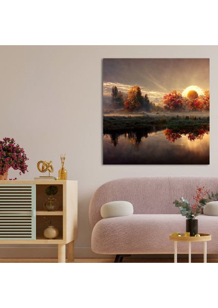 Tekli Kare Kanvas Tablo Gün Batımı ve Göl Manzarası