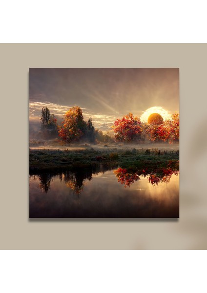 Tekli Kare Kanvas Tablo Gün Batımı ve Göl Manzarası modelleri