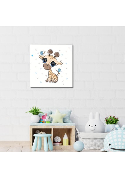 Tekli Kare Kanvas Çocuk Odası Kuşlar ve Sevimli Zürafa Tablosu