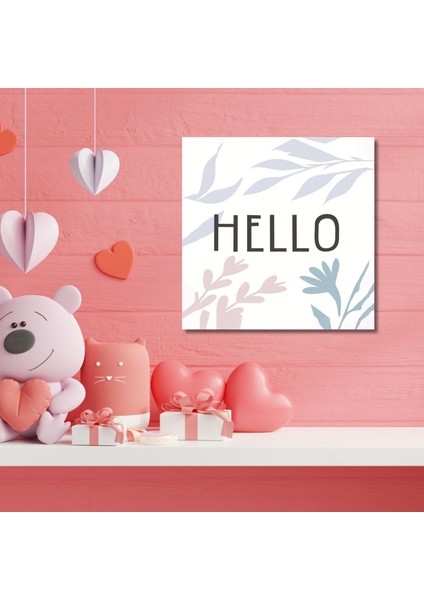 Tekli Kare Kanvas Çocuk Odası Soft Pembe Çizgisel Hello Tablo