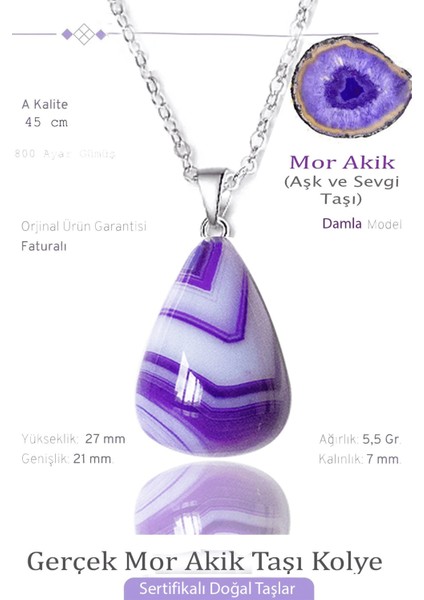 Damla Model Gerçek Mor Akik Taşı Kolye