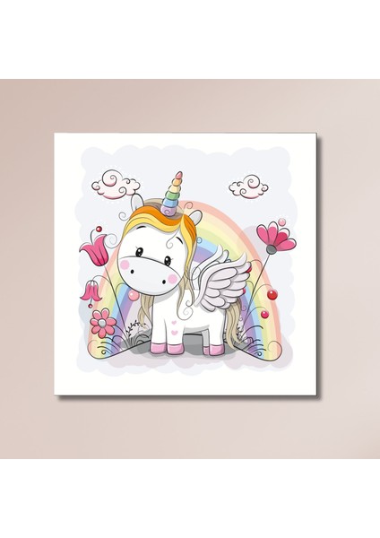 Tekli Kare Kanvas Kız Çocuk Odası Gökkuşağı ve Unicorn Tablo modelleri