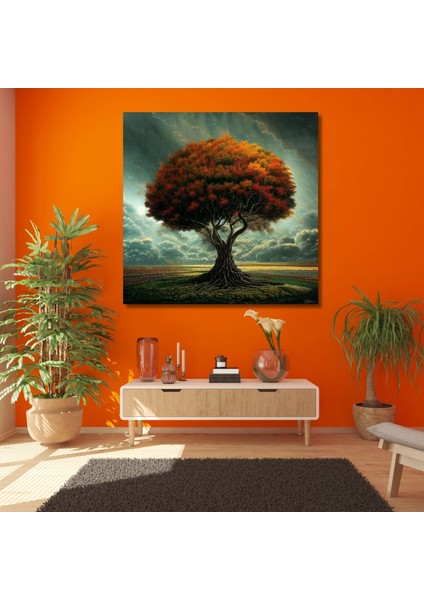 Tekli Kare Kanvas Tablo Kaliteli Gün Batımında Hayat Ağacı