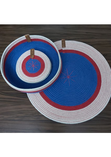 4 Kişilik 9 Parça Amerikan Servis Mavi Supla Takımı Tabak Altlığı Bardak Altlığı Sepet Mutfak Hasır