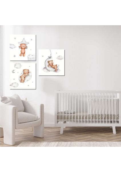 3 lü Kare Kanvas Bebek Odası Soft Ayıcık ve Bulut Tablosu