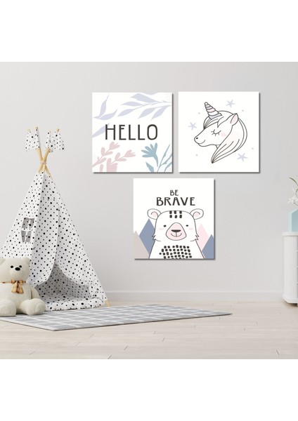3 lü Kare Kanvas Çocuk Odası Soft Unicorn ve Ayı Tablo Seti