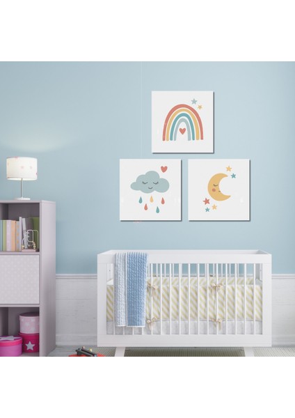 3 lü Kare Kanvas Bebek Odası Gökkuşağı Bulut ve Ay Tablo Seti