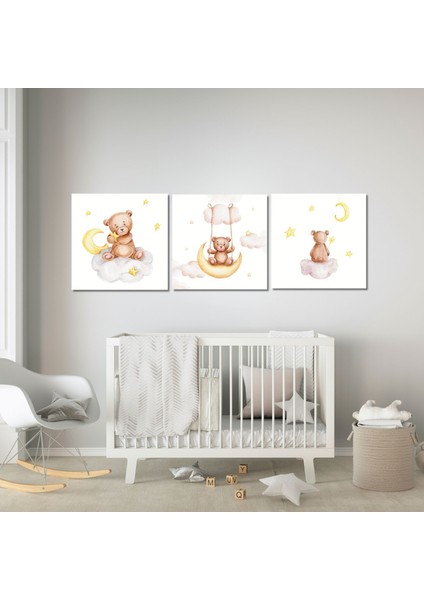 3 lü Kare Kanvas Bebek Odası Soft Sarı Ayıcık ve Bulut Tablosu