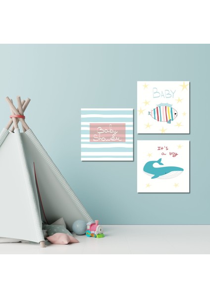 3 lü Kare Kanvas Erkek Bebek Odası Baby Shark Tablo Seti