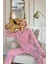 Pudra Kalp Desenli Önden Düğmeli Peluş Polar Pijama Takımı 4
