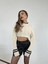 3925 Triko Saç Örgü Crop Kazak Krem Siyah 3