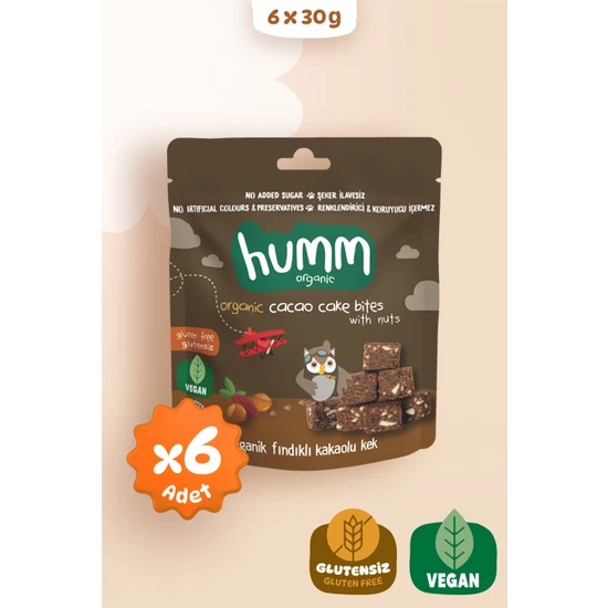 Humm Organic - Organik Glutensiz Vegan Kakaolu ve Fındıklı Kek Atıştırmalık Paketi - 6 Adet