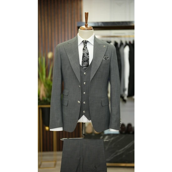Lonatolia Erkek Takım Elbise Metal Düğme Kırlangıç Yaka Italyan Kesim Slim Fit Ceket Pantolon-Gri