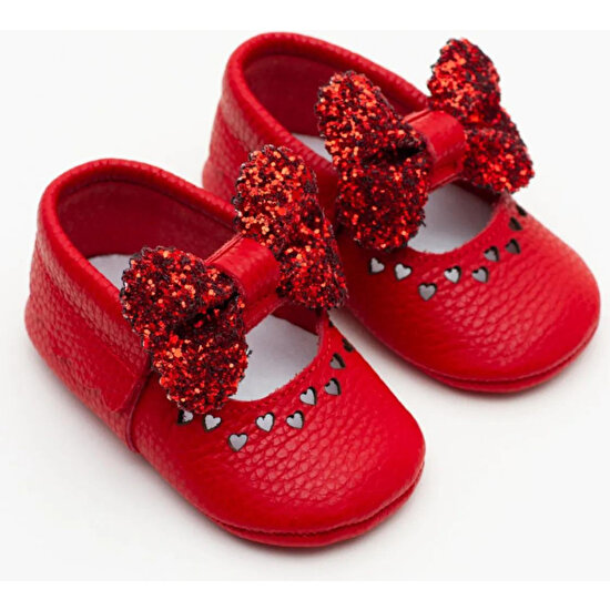 Vianta Deri Kırmızı Fiyonklu Patik Makosen Kız Bebek Ayakkabısı