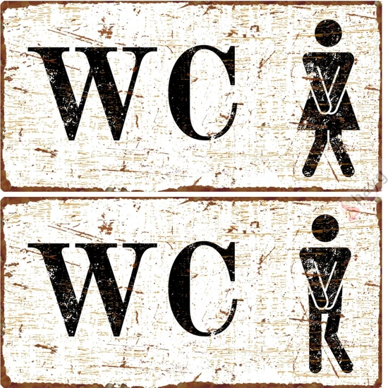 Hayg Equipment Tuvalet Levhası - Pas Görünümlü Alüminyum Tabela - 1'er Adet Kadın - Erkek Wc - Beyaz - 10CMX20CM