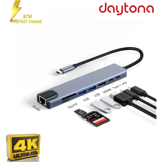 Daytona CF04 Macbook Uyumlu Type-C™ To 4K HDMI Tv Projeksiyon UHd 1080P 2* Type-C 2* USB SD/TF RJ45 Ethernet Lan 8ın1 Çevirici Hub Adaptör