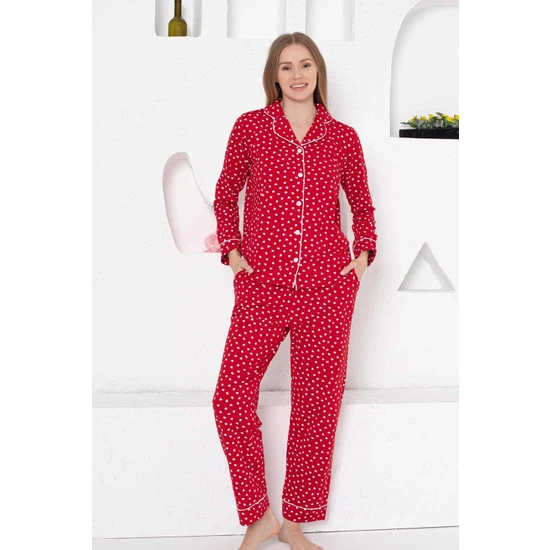 Bie's Kadın Kırmızı Kalpli Önden Düğmeli Gömlek Yaka Uzun Kol Mevsimlik Pamuk Likra Cepli Pijama Takımı