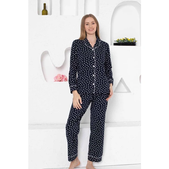 Bie's Kadın Lacivert Kalpli Önden Düğmeli Gömlek Yaka Uzun Kol Mevsimlik Pamuk Likra Cepli Pijama Takımı